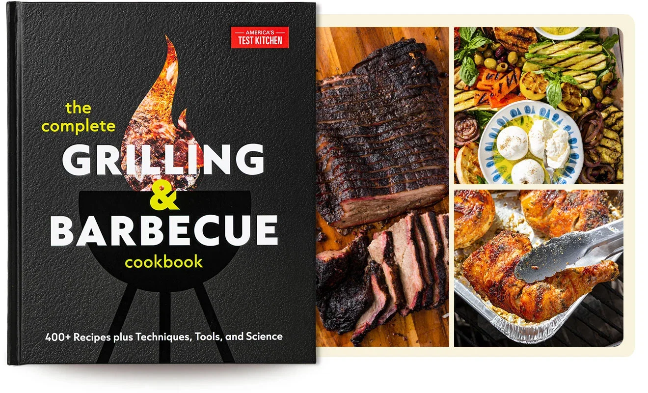 Cover of The Complete Grilling and Barbecue Cookbook. Featured Recipes: Texas-Style Barbecued Whole Brisket, Grilled Vegetable Platter, and Grilled Chicken with Adobo and Sazon