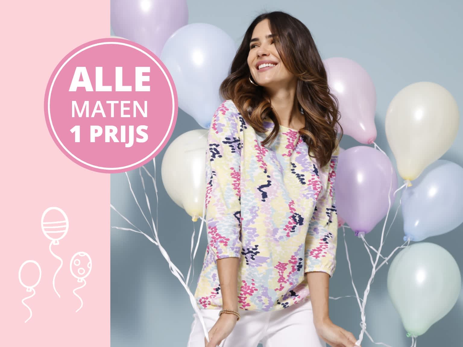  Een model draagt een kleurrijk patroon shirt met lange mouwen en een witte broek, omringd door pastelkleurige ballonnen tegen een lichtblauwe achtergrond.
