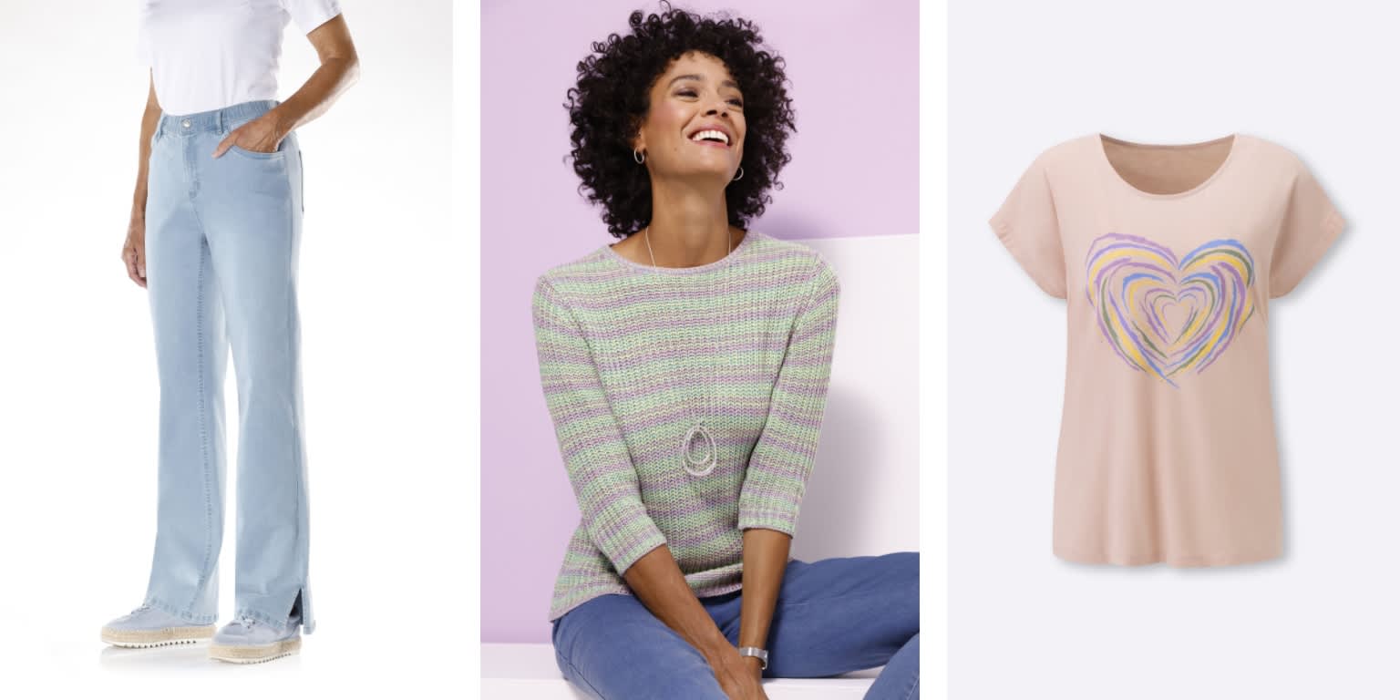 Links zijn lichte jeans met een wit T-shirt te zien, in het midden een gestreepte trui met blauwe jeans, rechts een roze T-shirt met hartmotief. 