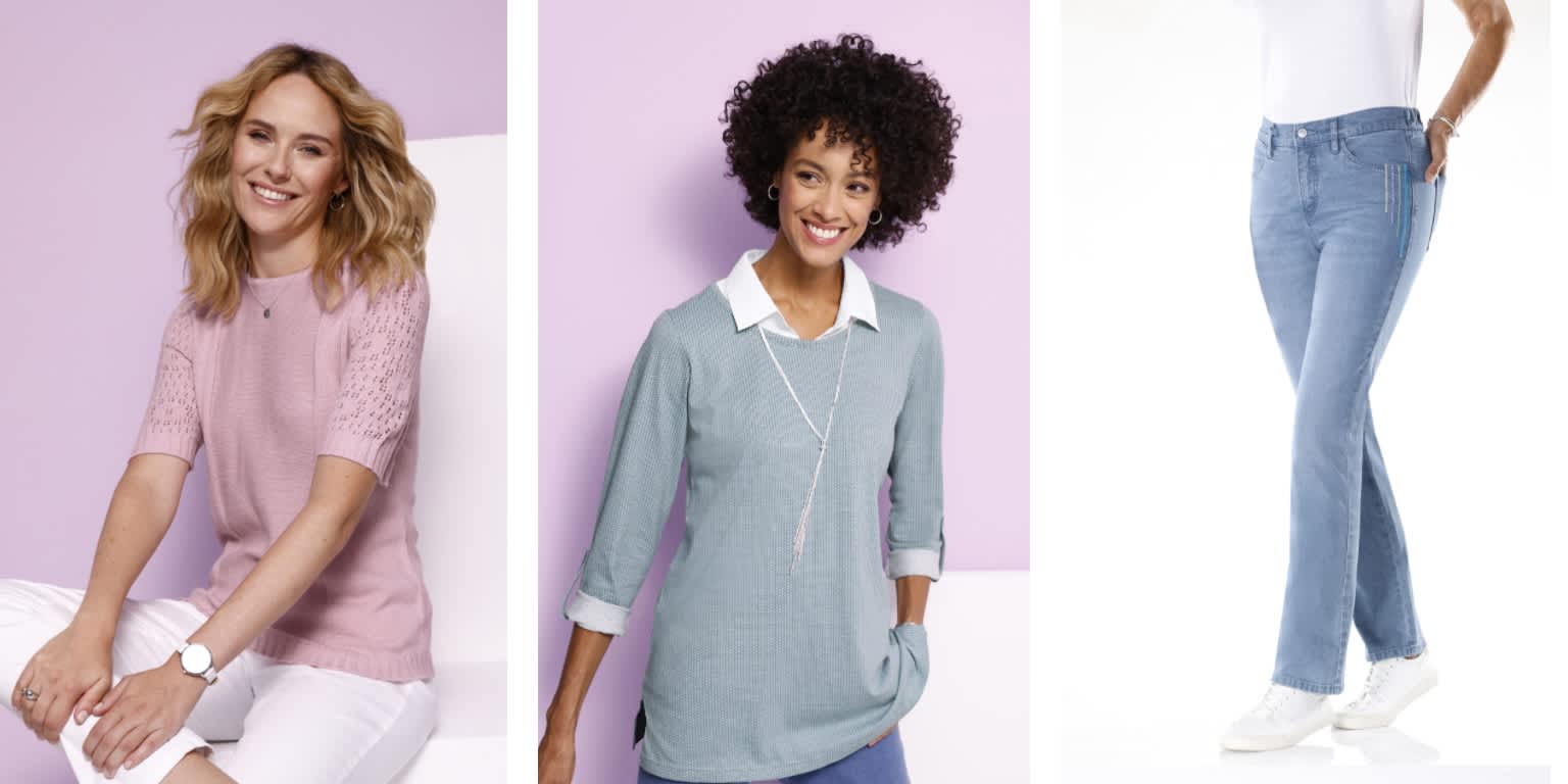  Links is een lichtroze korte mouw gebreide top met witte broek te zien, in het midden is een lichtblauw shirt met witte kraag te zien, rechts zijn blauwe jeans en witte schoenen te zien.
