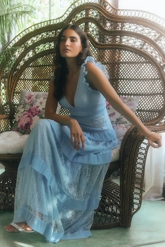Image of Marvelous Darling Powder Blue Lace Ruffled Tiered Maxi Dress