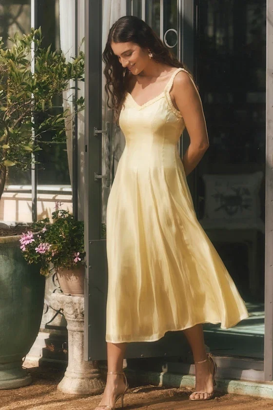 Image of Marlana Light Yellow Sleeveless Ruffled Midi Dress