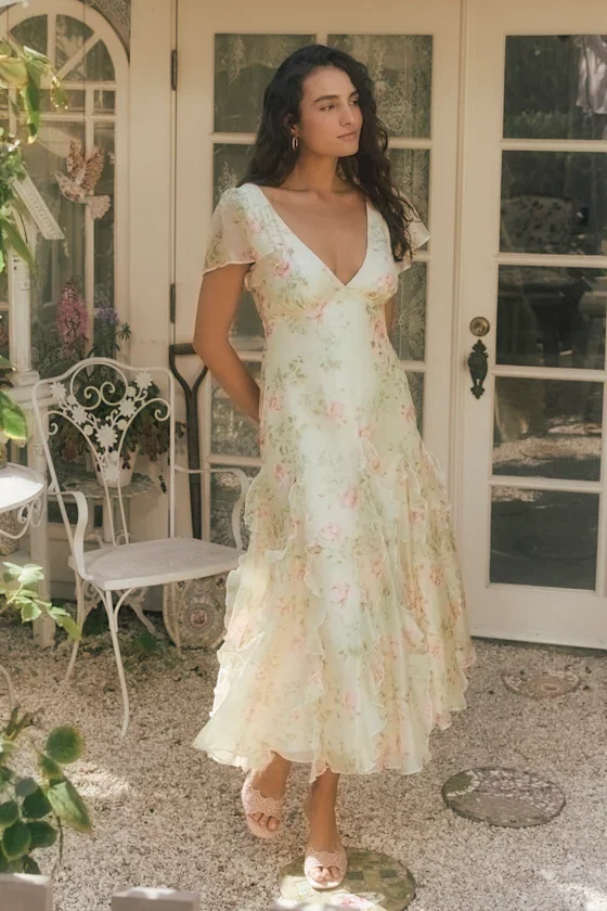 Image of Deluca Light Green Floral Ruffled Midi Dress