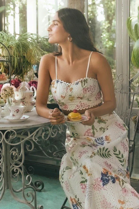 Image of Sweet At Heart White Floral Embroidered Two-Piece Midi Dress