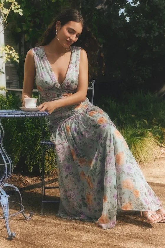 Image of Melisandre Light Blue Floral Drop Waist Maxi Dress