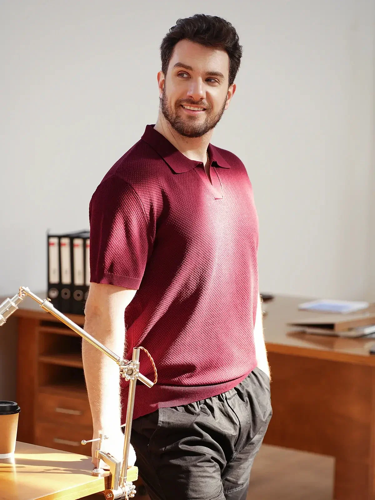 Image of Men's Textured Knit Polo Short Sleeve Shirt