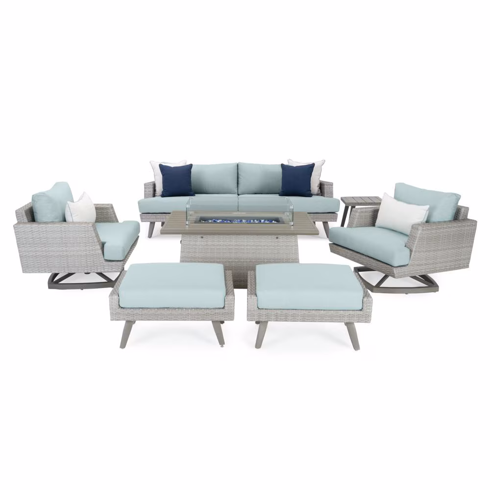 Portofino® Casual 7 Piece Sunbrella® Outdoor Motion Fire Seating Set - Spa Blue