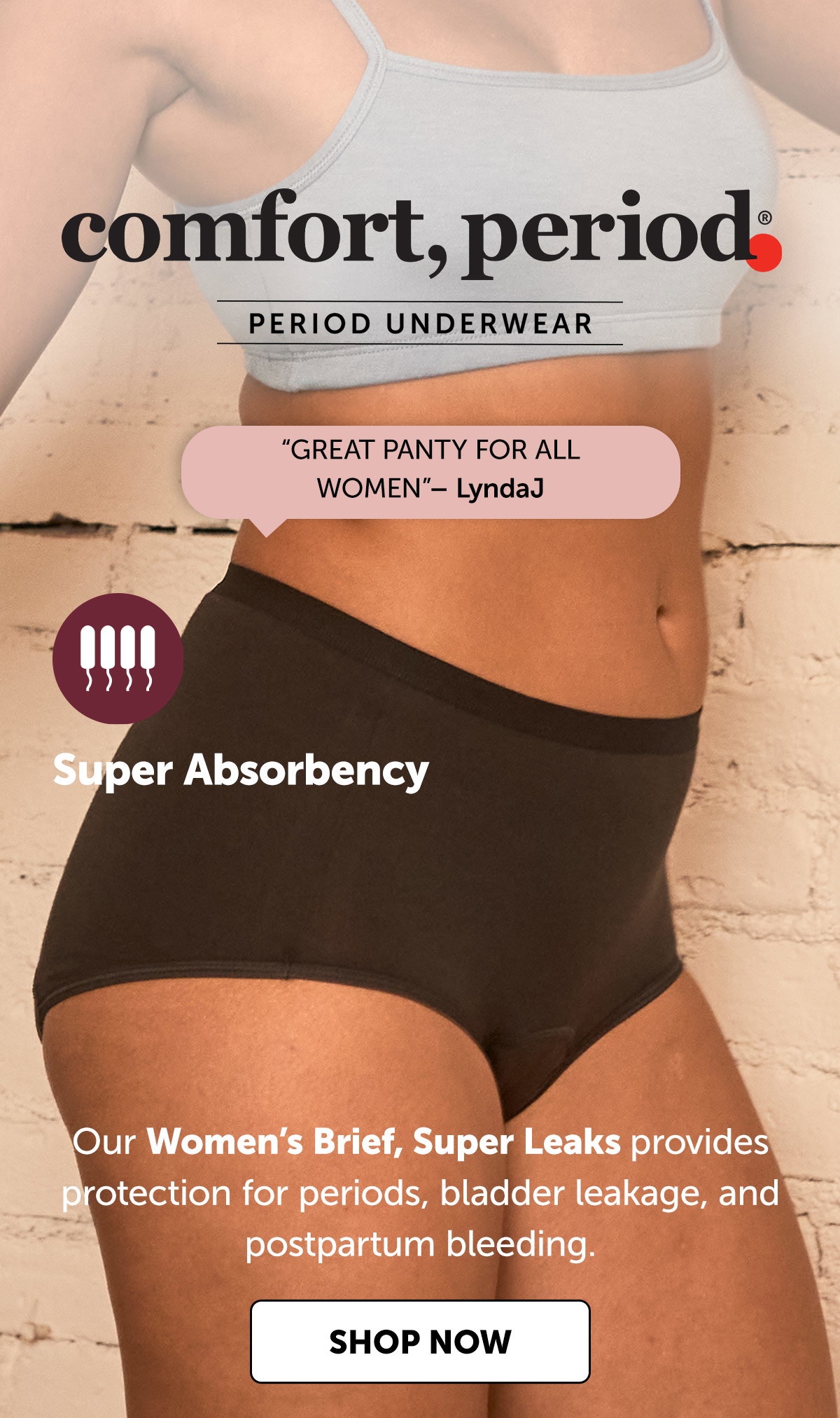 Comfort, Period. Women’s Brief Period Underwear, Super Leaks, 3-Pack