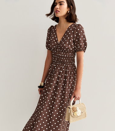 Brown Polka Dot Ruched Waist Midi Dress