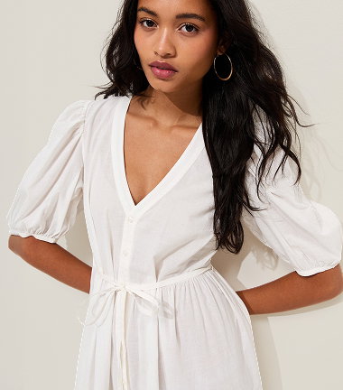 White Embroidered V Neck Smock Shirt Midi Dress