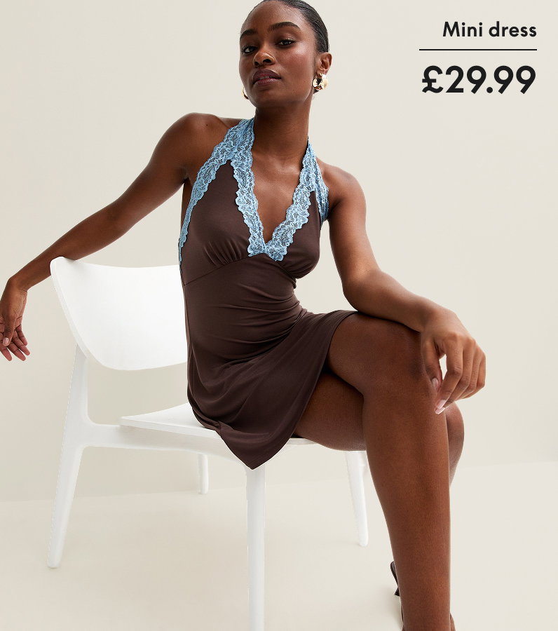 Brown Contrast Lace Trim Halter Neck Mini Dress