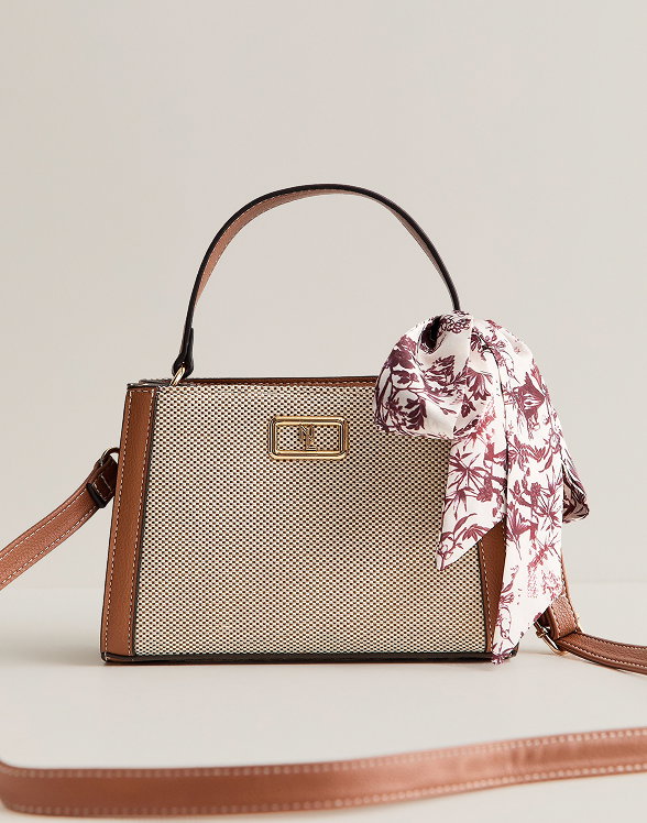Brown Canvas Scarf Top Handle Crossbody Bag