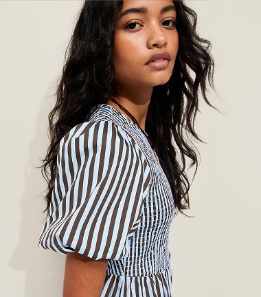 Blue Cotton Striped Shirred Midi Dress