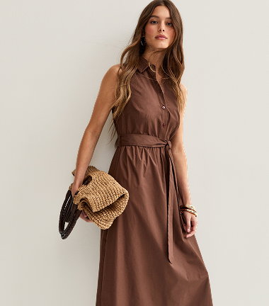 Dark Brown Sleeveless Button Up Midi Shirt Dress