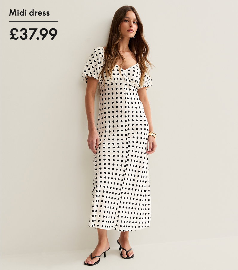 Cream Polka Dot Puff Sleeve Midi Dress