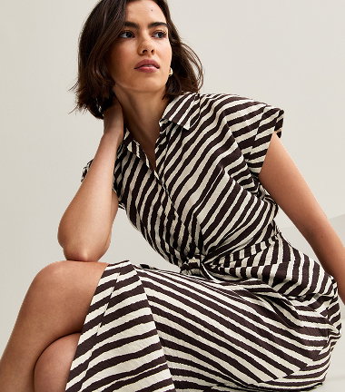Brown Striped Tie Front Midi Shirt Dress