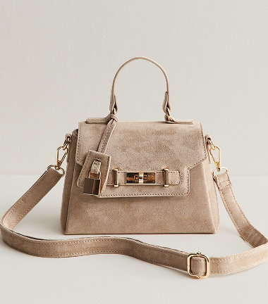Mink Faux Suede Mini Turn Lock Crossbody Bag