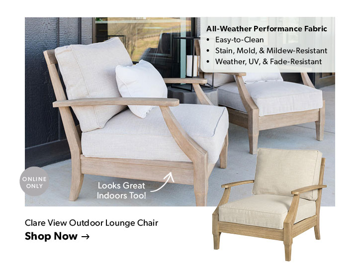 All-Weather Performance Fabric. Looks Great Indoors too! Online Only. Click to shop the Clare View Outdoor Lounge Chair