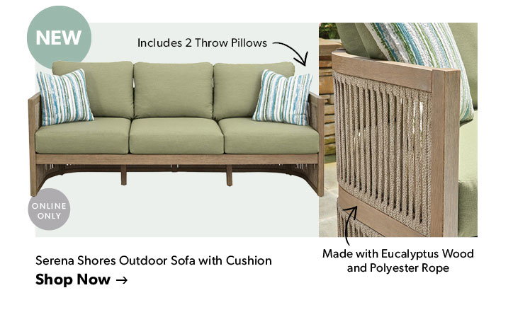 NEW. Includes 2 Throw Pillows. Made with Eucalyptus Wood and Polyester Rope. Online Only. Click to shop the Serena Shores Outdoor Sofa with Cushion