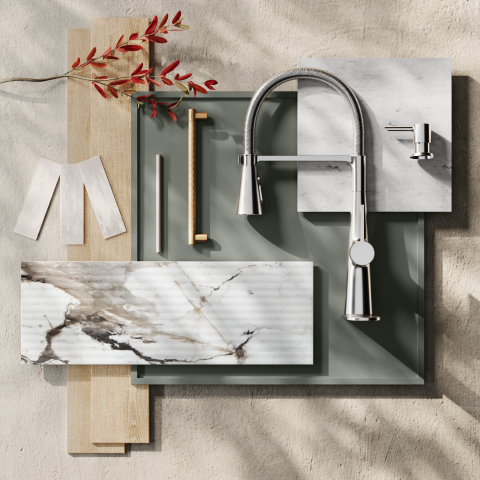 Layered textures with muted sage, light marble, warm wood, and sleek metallic accents, crowned by a contemporary faucet and autumnal sprig.