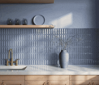 Gif showing how one kitchen changes as the backsplash color changes. The colors include blue, orange, brown, green, and white.