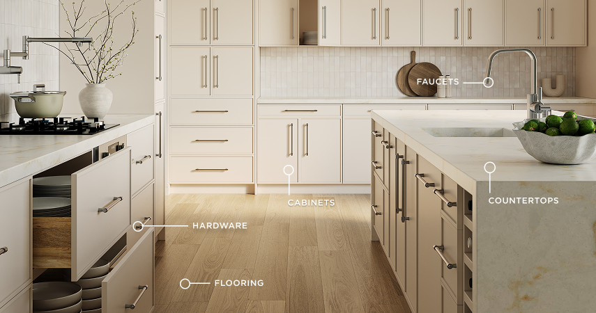 Hardware: flooring faucets countertops cabinets. Bright, minimalist kitchen with creamy cabinetry, marble countertops, warm wood floors, and subtle accents of greenery and natural textures.