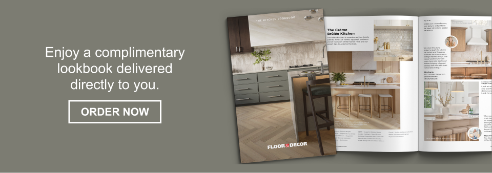 Enjoy a complimentary lookbook delivered directly to you. A sleek, open magazine spread showcasing light, airy kitchens with warm wood tones, soft neutrals, gold accents, and elegant tiled backsplash details.