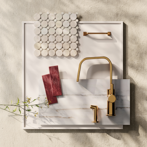 A curated flatlay of textures—marble, brass, and wood—paired with geometric tiles in soft tones, bathed in gentle sunlight and shadows.