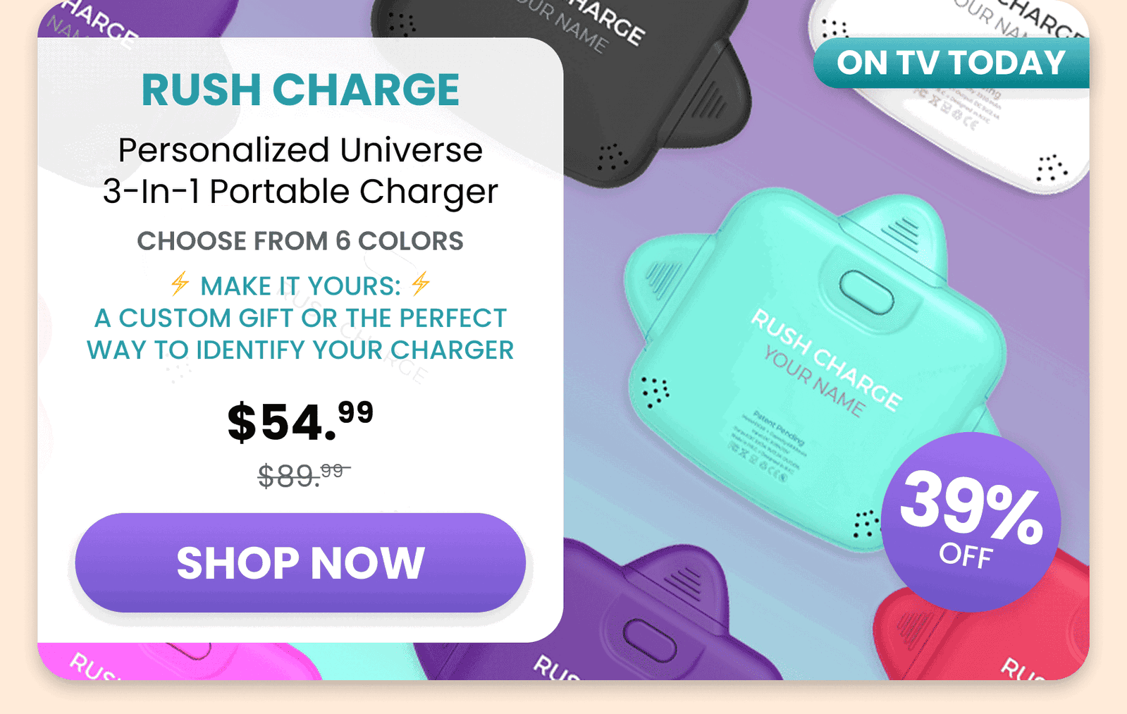 Rush Charge/Personalized Universe 3-In-1 Portable Charger - Singles or Packs/Make it yours: a custom gift or the perfect way to identify your charger