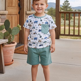 Construction vehicles short sleeve top & blue shorts 2pc boy's set 2601015M