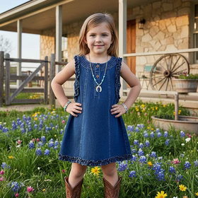 Sleeveless western cute ruffle denim fabric girls dress 2601001M