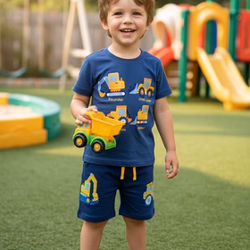 Construction truck printed blue top & embroidery shorts 2pc boy's set 2601004M