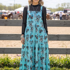 Southern Stitch Howdy cowboy printed  tiered women's maxi overall dress XCH17015
