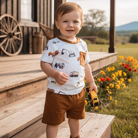 Construction vehicles short sleeve top & brown shorts 2pc boy's set 2601014M