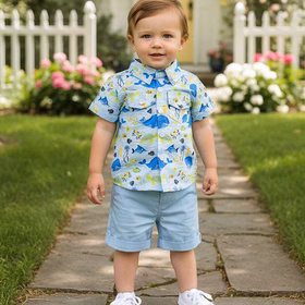 Whale & fish printed short sleeve shirts & blue shorts 2pc boy's set 2601011M