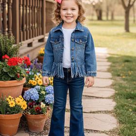 Western washed blue frayed-hem long sleeve denim coat girls jacket 2601017M