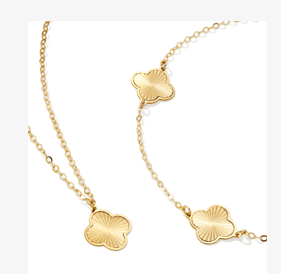 Textured Yellow Gold Clover Station Bracelet and Pendant Necklace.