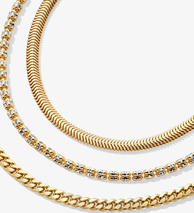 Yellow Gold Snake, Beaded, and Curb Chain Necklaces.