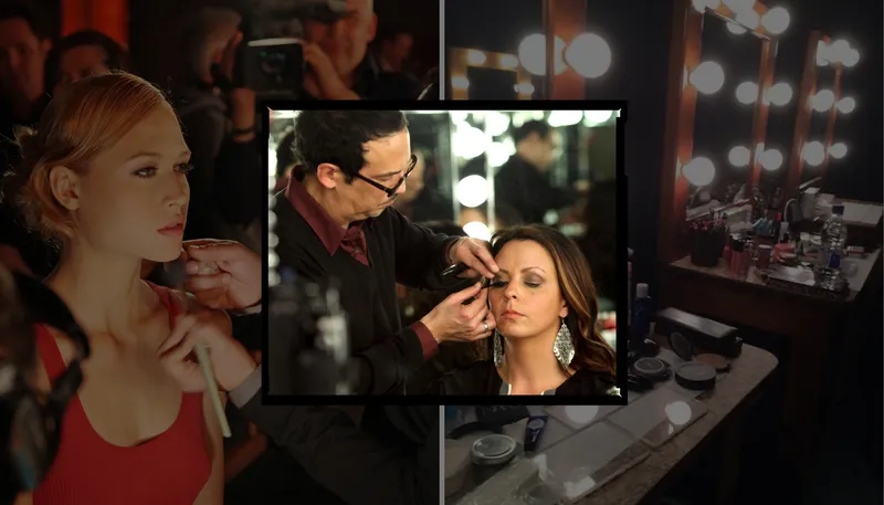 An image of makeup artist Bruce Grayson doing makeup backstage at an awards show. 