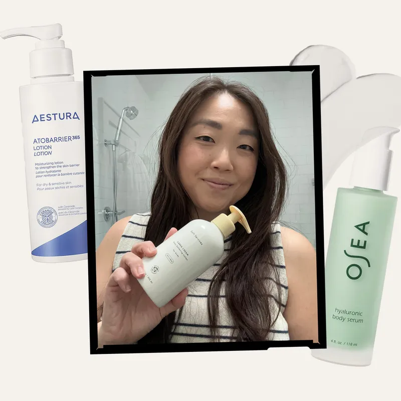 A photo of Allure contributing commerce writer Christa Lee holding the Soft Services body lotion alongside other product silos on an off-white background