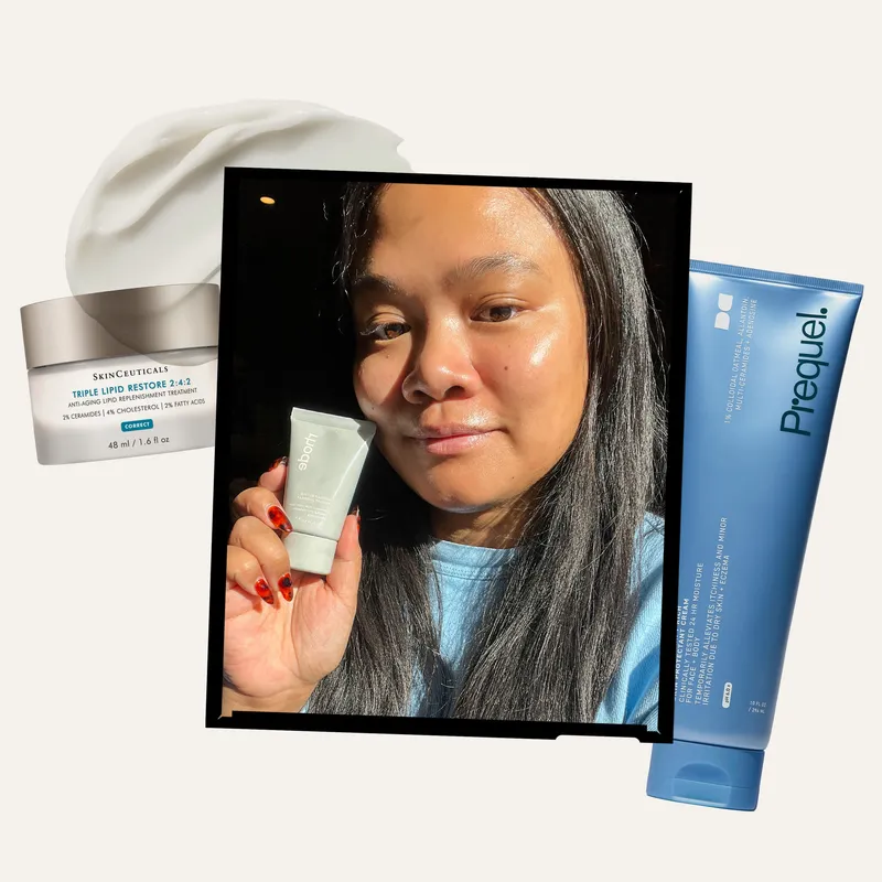 An image of Allure senior editor Jesa Marie Caloar holding Rhode Barrier Butter surrounded by other barrier creams on an off-white background