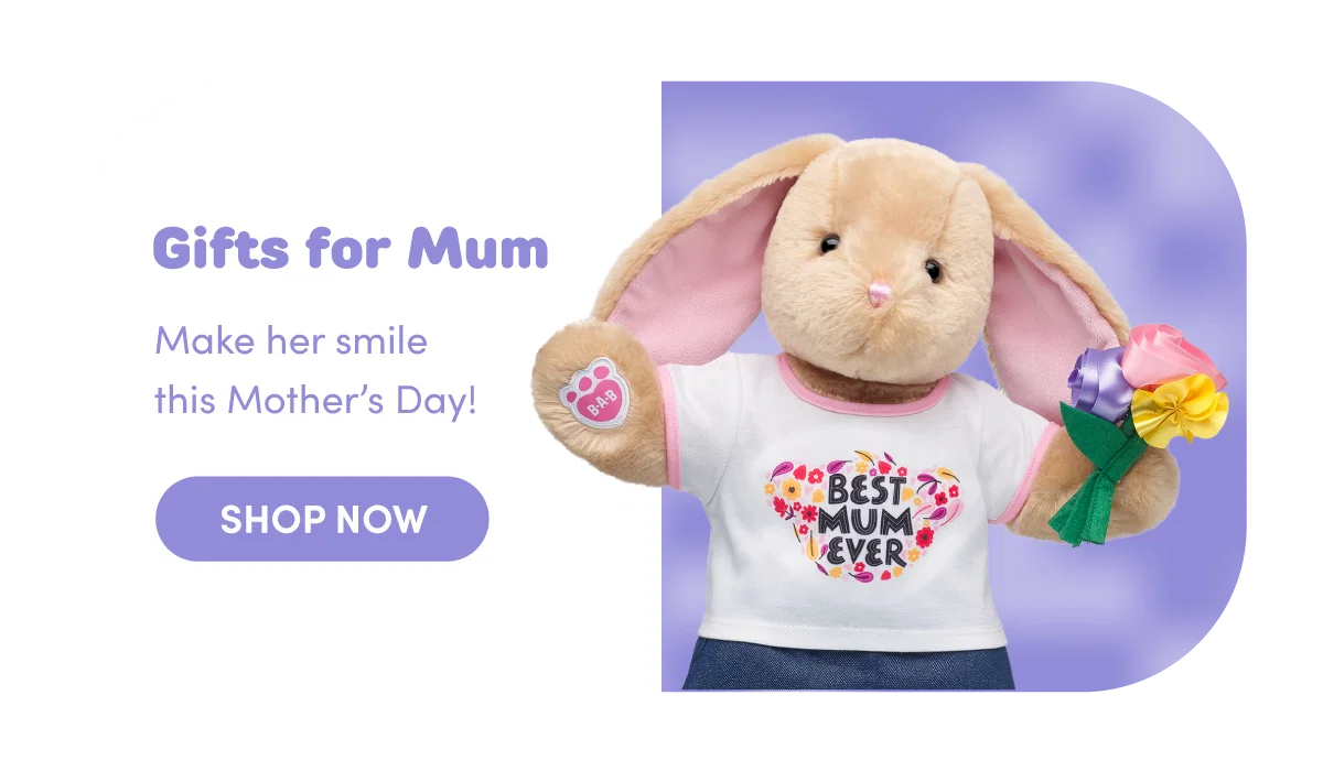 Bunny plush holding a colorful bouquet and wearing a T-shirt that reads Best Mum Ever against a soft purple background, with accompanying text reading Gifts for Mum, Make her smile this Mother’s Day, and a Shop Now button highlighting a Mother’s Day gift idea.