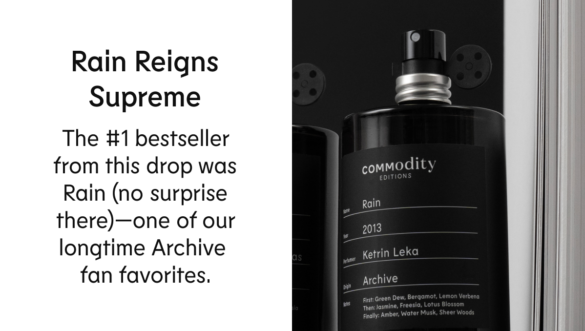 The #1 bestseller from this drop was Rain (no surprise there)—one of our longtime Archive fan favorites.