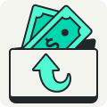 Money coming out of a wallet, with a curved arrow on the front of the wallet indicating money back.