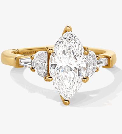 Monique Lhuillier Bliss Marquise Cut Lab Grown Diamond Engagement Ring in 18K Yellow Gold.