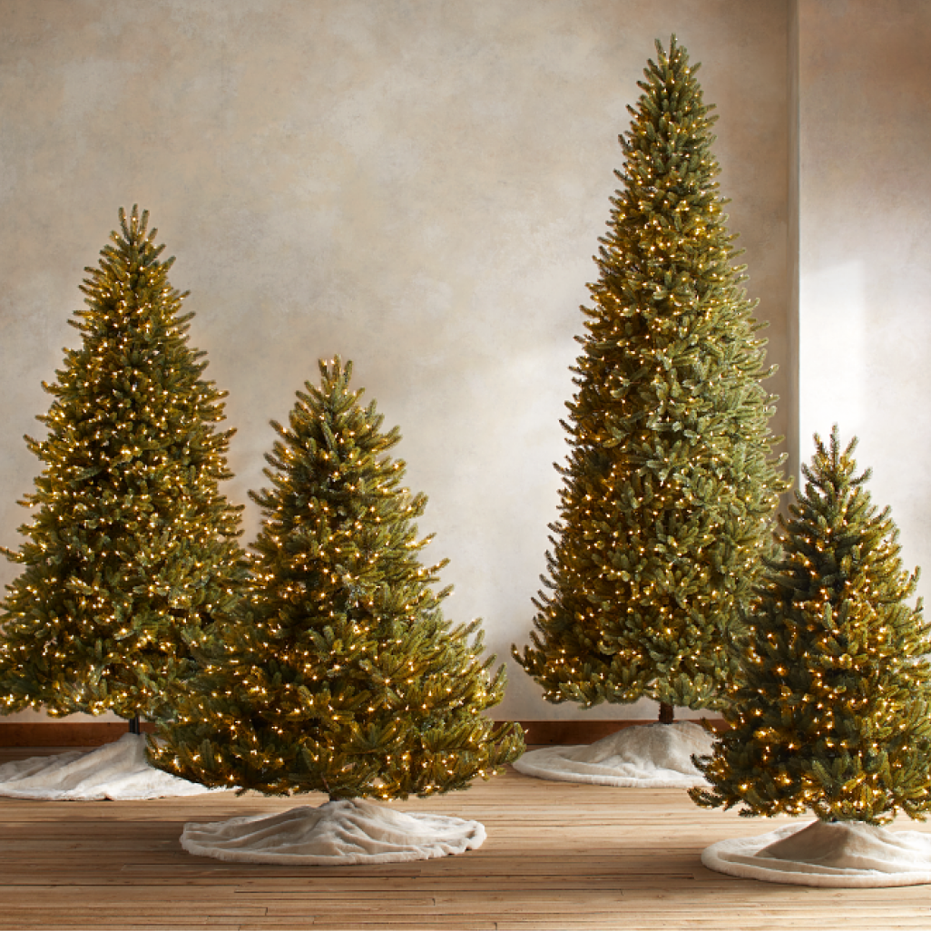 Variety of pre-lit Christmas Trees in different shapes and heights
