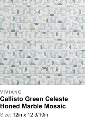 Viviano Callisto Green Celeste Honed Marble Mosaic: Size: 12in x 12 3/10in. Geometric mosaic with half-circle and arc motifs in soft blue, green, and white hues, evoking a serene yet playful rhythm on a grid layout.