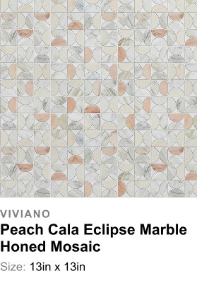 Viviano Peach Cala Eclipse Marble Honed Mosaic: Size: 13in x 13in. Intricate geometric tiles with muted marble tones and soft terracotta accents, blending curves and angles in a serene, rhythmic mosaic.