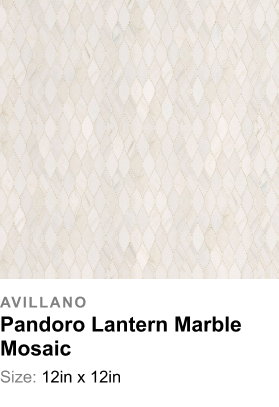Avillano Pandoro Lantern Marble Mosaic: Size: 12in x 12in. A luminous mosaic of elongated diamond tiles in soft ivory and cream tones, creating a subtle pattern with a polished, delicate texture.