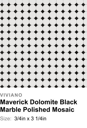 Viviano Maverick Dolomite Black Marble Polished Mosaic: Size: 3/4in x 3 1/4in. White hexagonal tiles create a symmetrical grid accented by black diamond-shaped spaces, evoking timeless minimalism and geometric elegance.